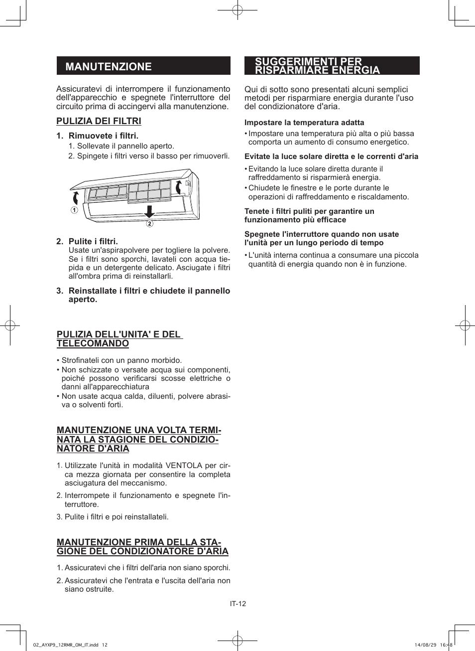 Manutenzione, Suggerimenti per risparmiare energia | Sharp AY-XP9RMR-AE-X9RMR User Manual | Page 28 / 144