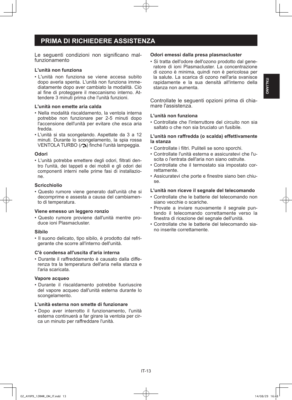 Prima di richiedere assistenza | Sharp AY-XP9RMR-AE-X9RMR User Manual | Page 29 / 144
