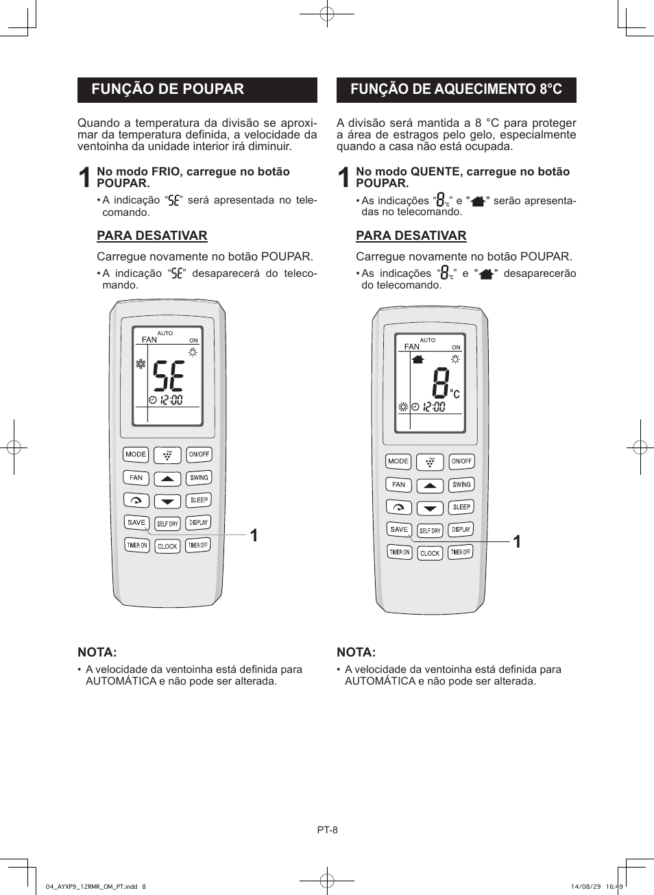 Função de poupar, Função de aquecimento 8°c | Sharp AY-XP9RMR-AE-X9RMR User Manual | Page 52 / 144