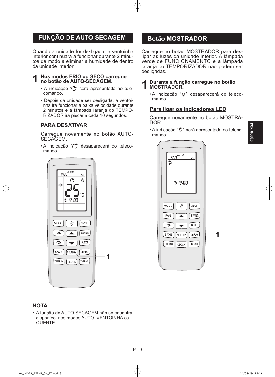 Botão mostrador, Função de auto-secagem | Sharp AY-XP9RMR-AE-X9RMR User Manual | Page 53 / 144