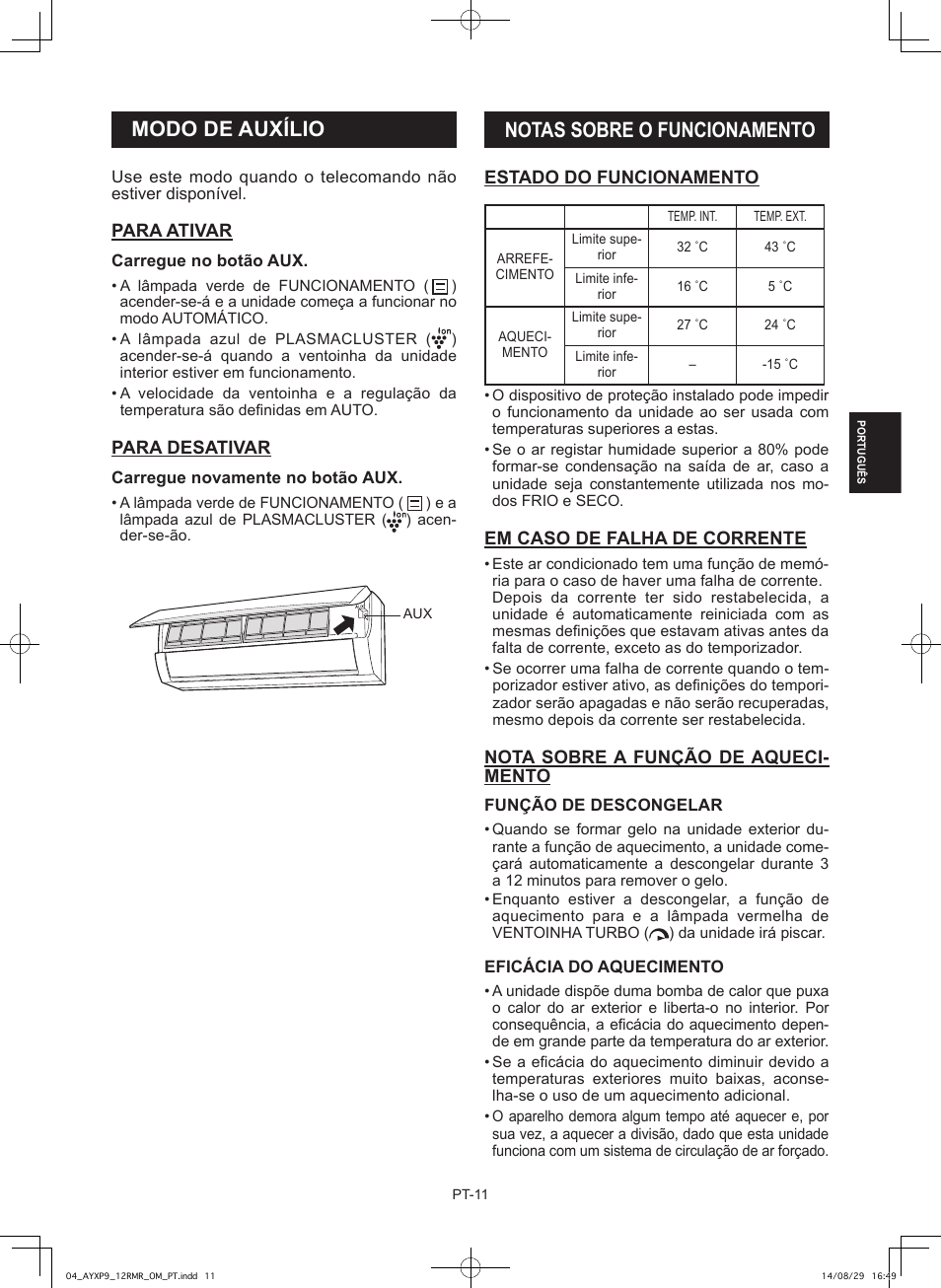 Notas sobre o funcionamento, Modo de auxílio | Sharp AY-XP9RMR-AE-X9RMR User Manual | Page 55 / 144