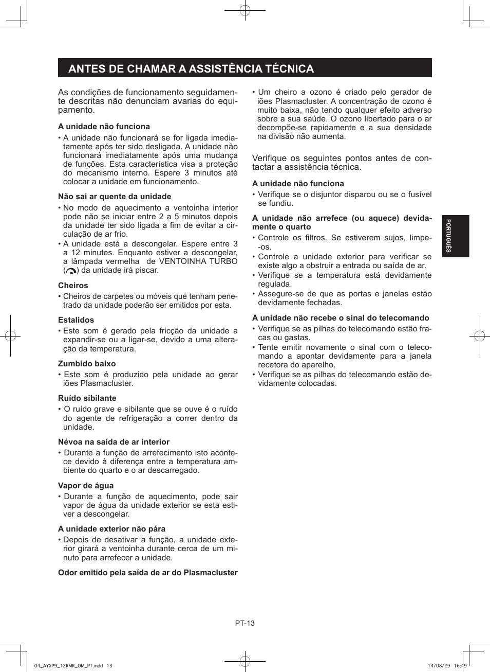 Antes de chamar a assistência técnica | Sharp AY-XP9RMR-AE-X9RMR User Manual | Page 57 / 144