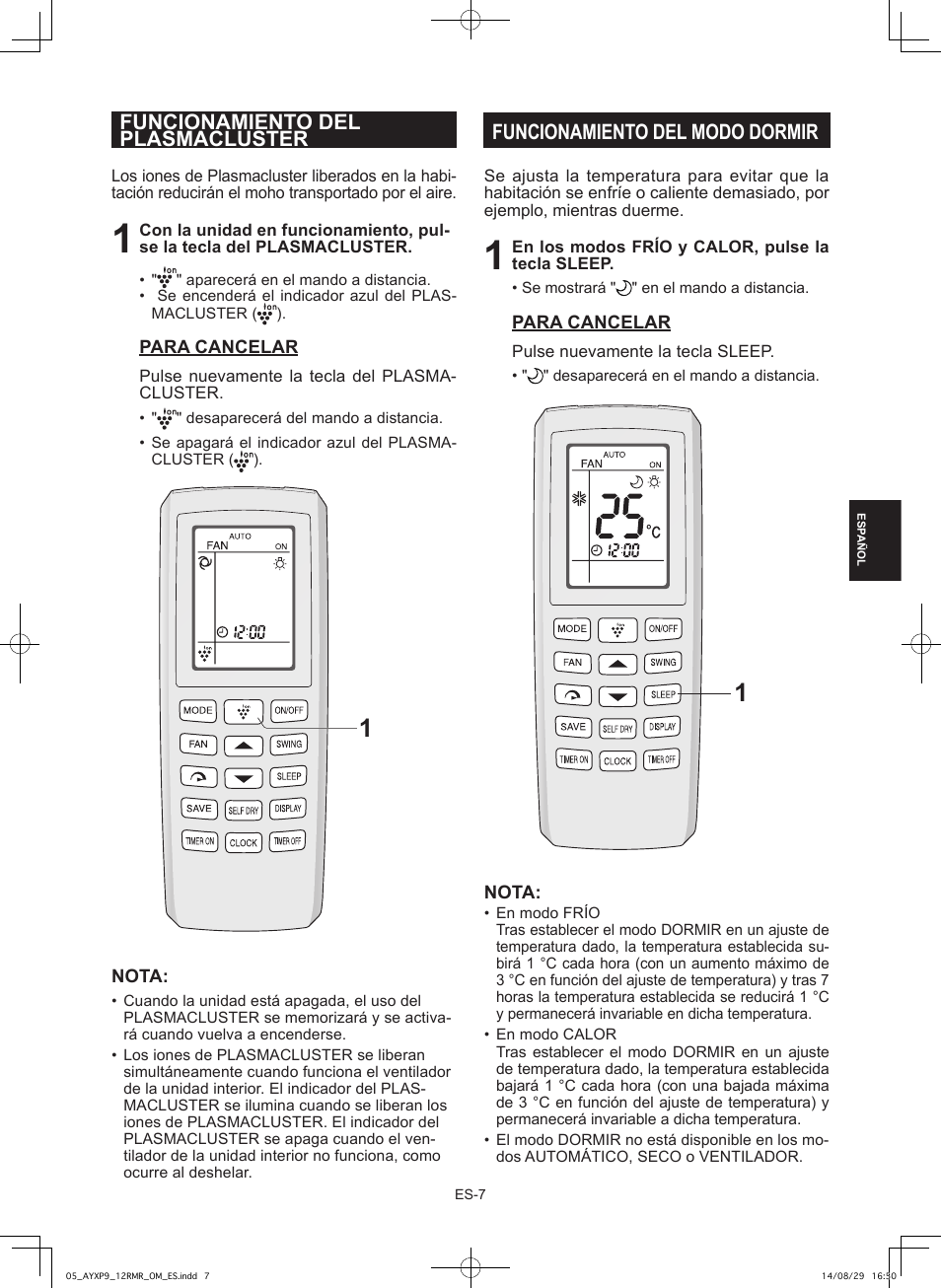 Funcionamiento del plasmacluster, Funcionamiento del modo dormir | Sharp AY-XP9RMR-AE-X9RMR User Manual | Page 65 / 144