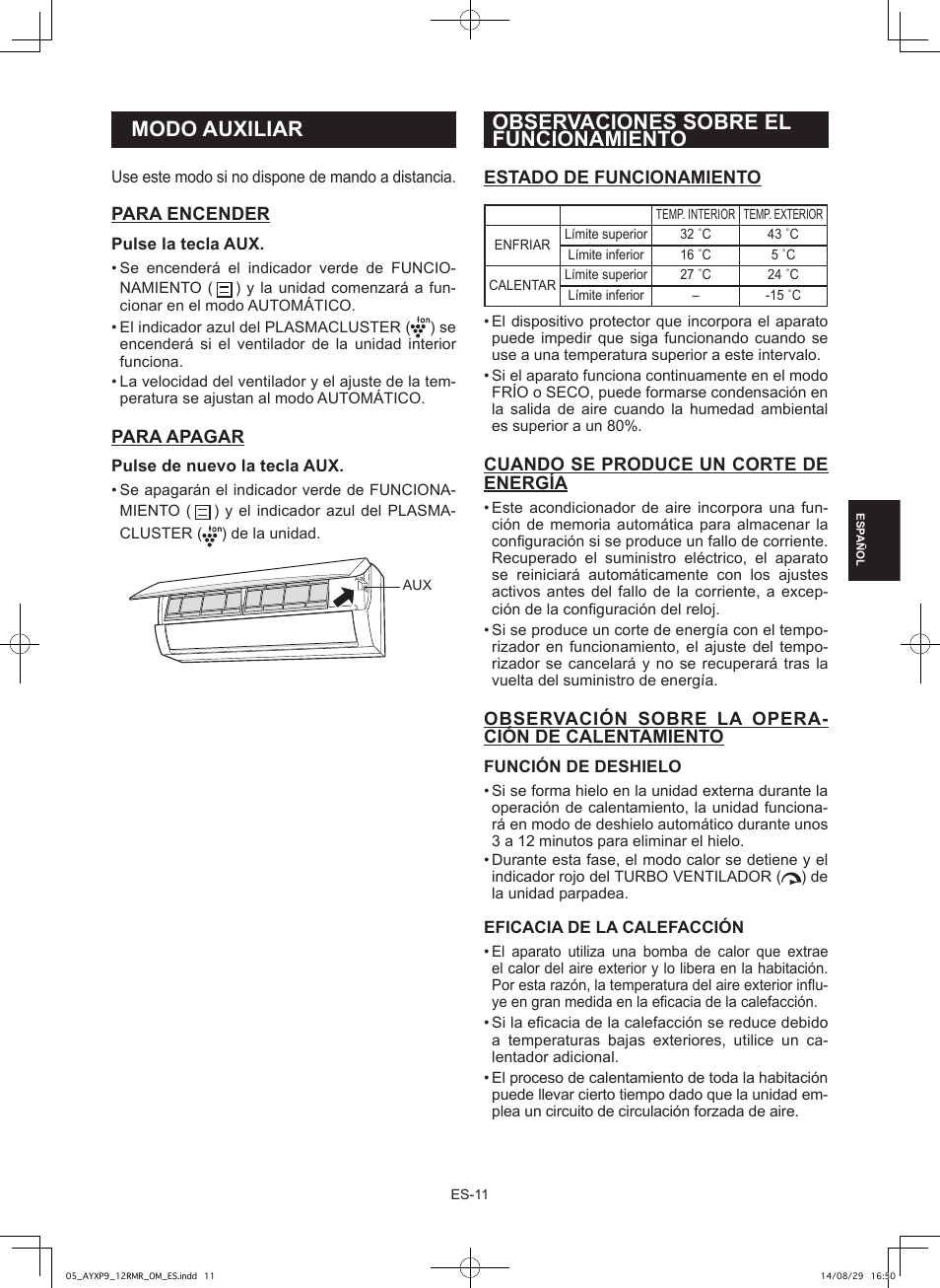 Observaciones sobre el funcionamiento, Modo auxiliar | Sharp AY-XP9RMR-AE-X9RMR User Manual | Page 69 / 144