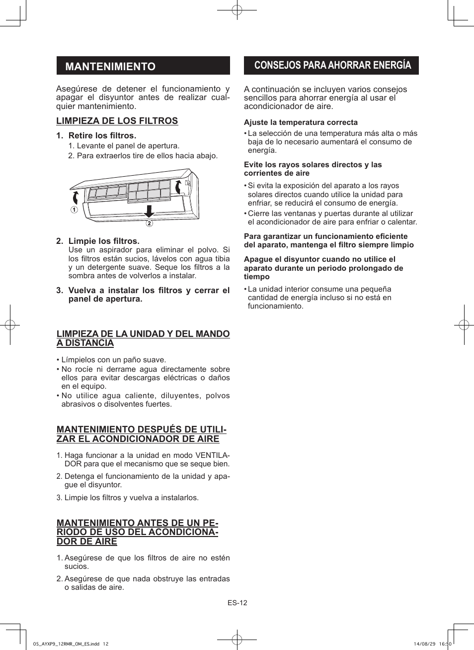 Mantenimiento, Consejos para ahorrar energía | Sharp AY-XP9RMR-AE-X9RMR User Manual | Page 70 / 144