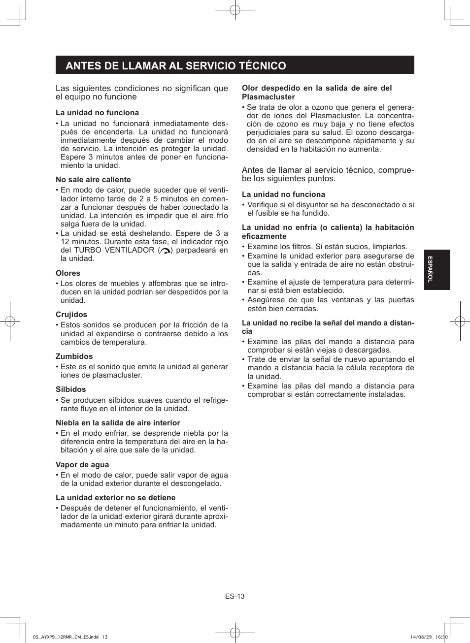 Antes de llamar al servicio técnico | Sharp AY-XP9RMR-AE-X9RMR User Manual | Page 71 / 144