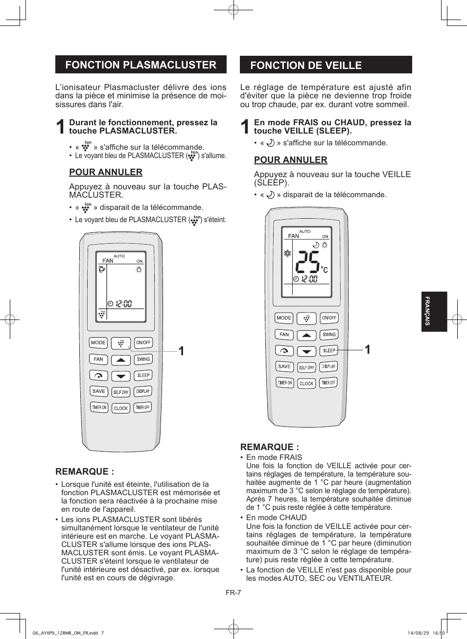Fonction plasmacluster, Fonction de veille | Sharp AY-XP9RMR-AE-X9RMR User Manual | Page 79 / 144