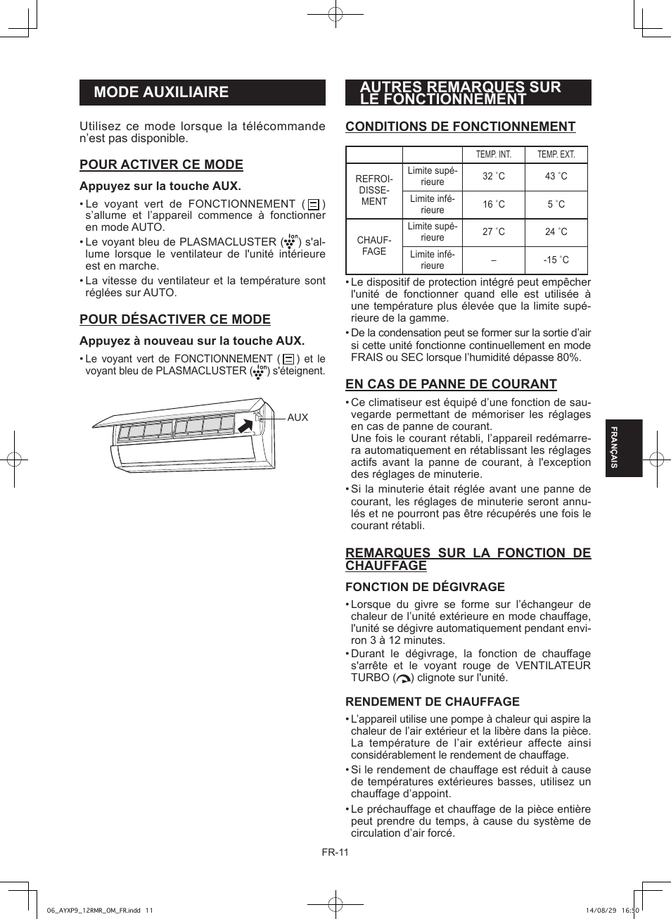 Autres remarques sur le fonctionnement, Mode auxiliaire | Sharp AY-XP9RMR-AE-X9RMR User Manual | Page 83 / 144