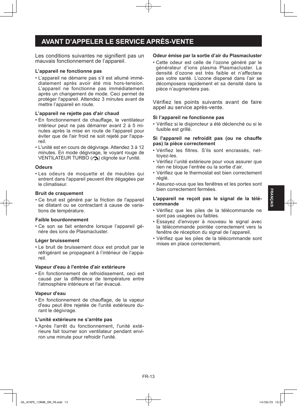 Avant d’appeler le service après-vente | Sharp AY-XP9RMR-AE-X9RMR User Manual | Page 85 / 144