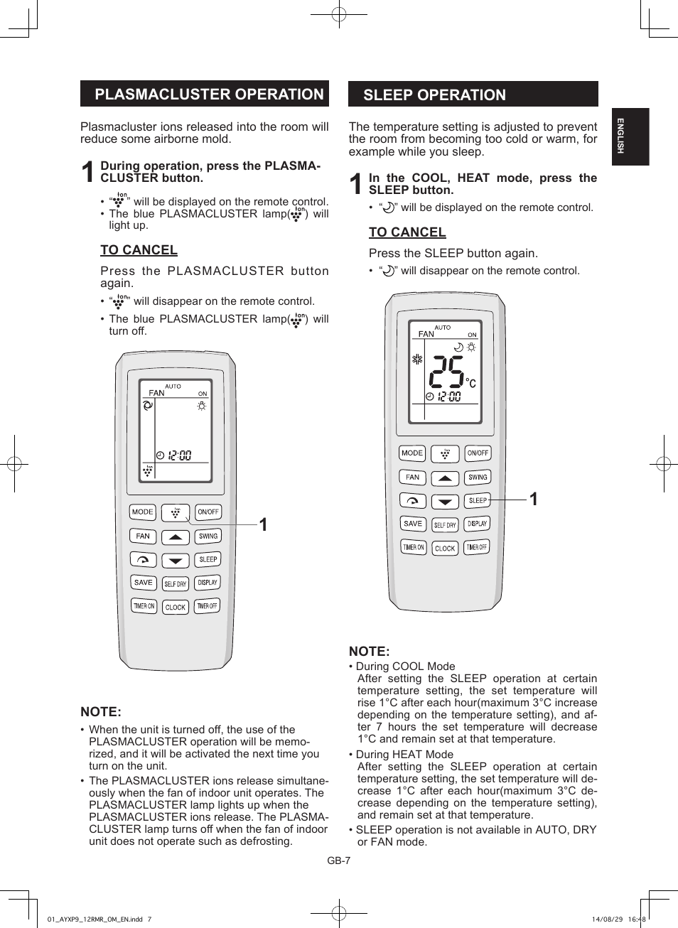 Plasmacluster operation, Sleep operation | Sharp AY-XP9RMR-AE-X9RMR User Manual | Page 9 / 144