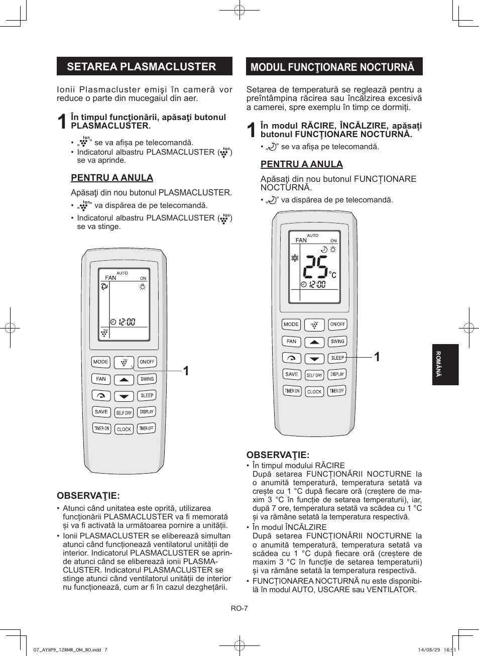 Setarea plasmacluster, Modul funcţionare nocturnă | Sharp AY-XP9RMR-AE-X9RMR User Manual | Page 93 / 144