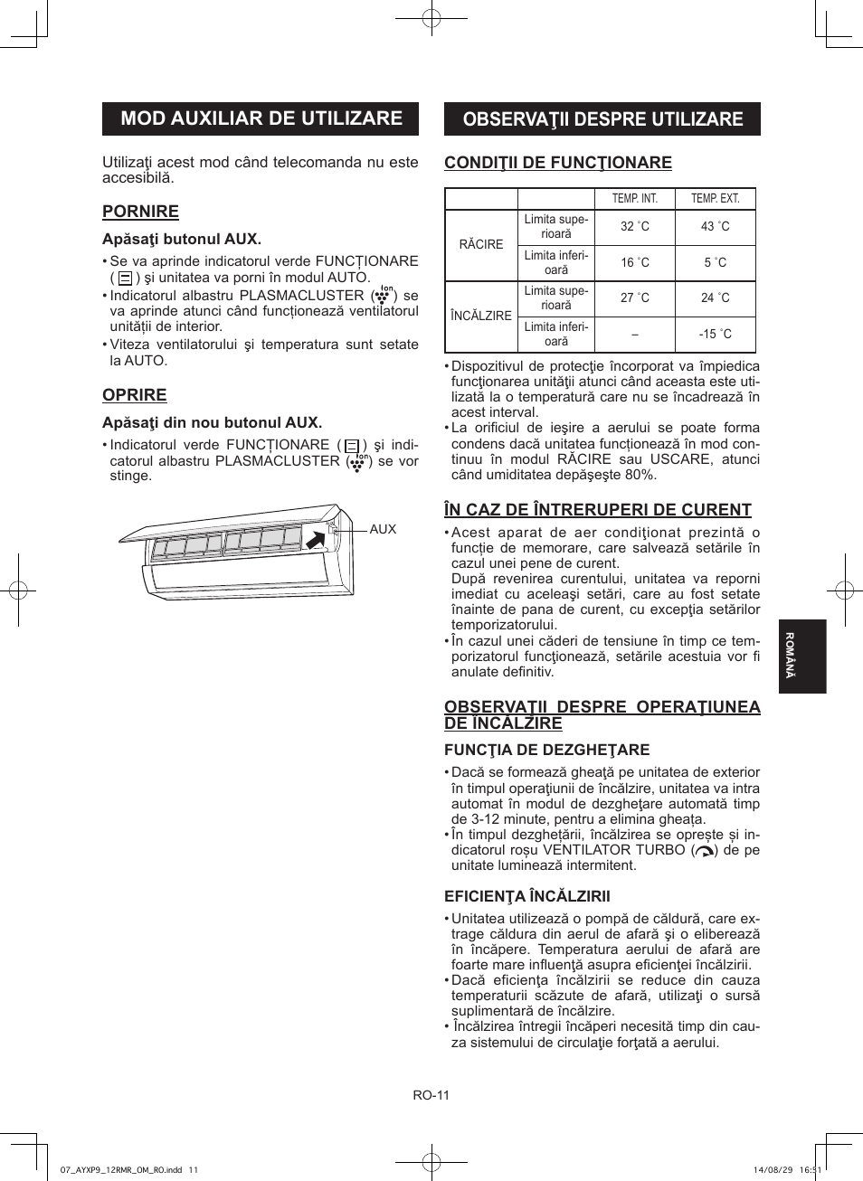 Observaţii despre utilizare, Mod auxiliar de utilizare | Sharp AY-XP9RMR-AE-X9RMR User Manual | Page 97 / 144