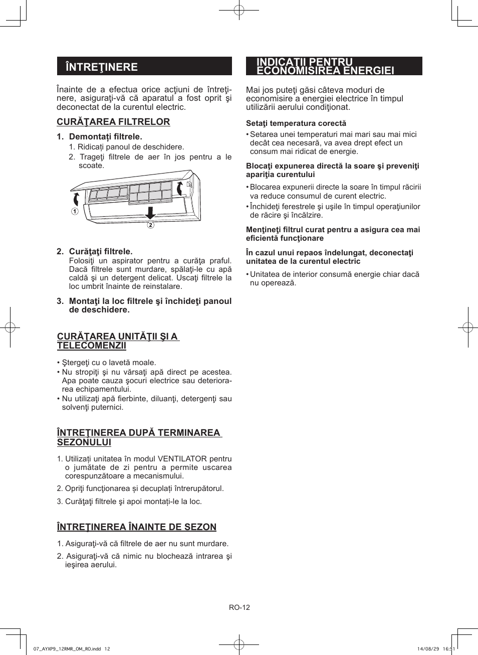 Întreţinere, Indicaţii pentru economisirea energiei | Sharp AY-XP9RMR-AE-X9RMR User Manual | Page 98 / 144