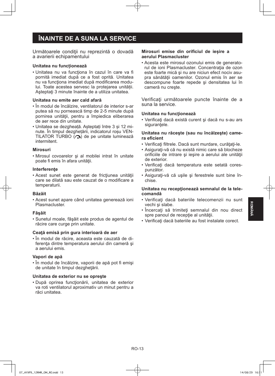Înainte de a suna la service | Sharp AY-XP9RMR-AE-X9RMR User Manual | Page 99 / 144