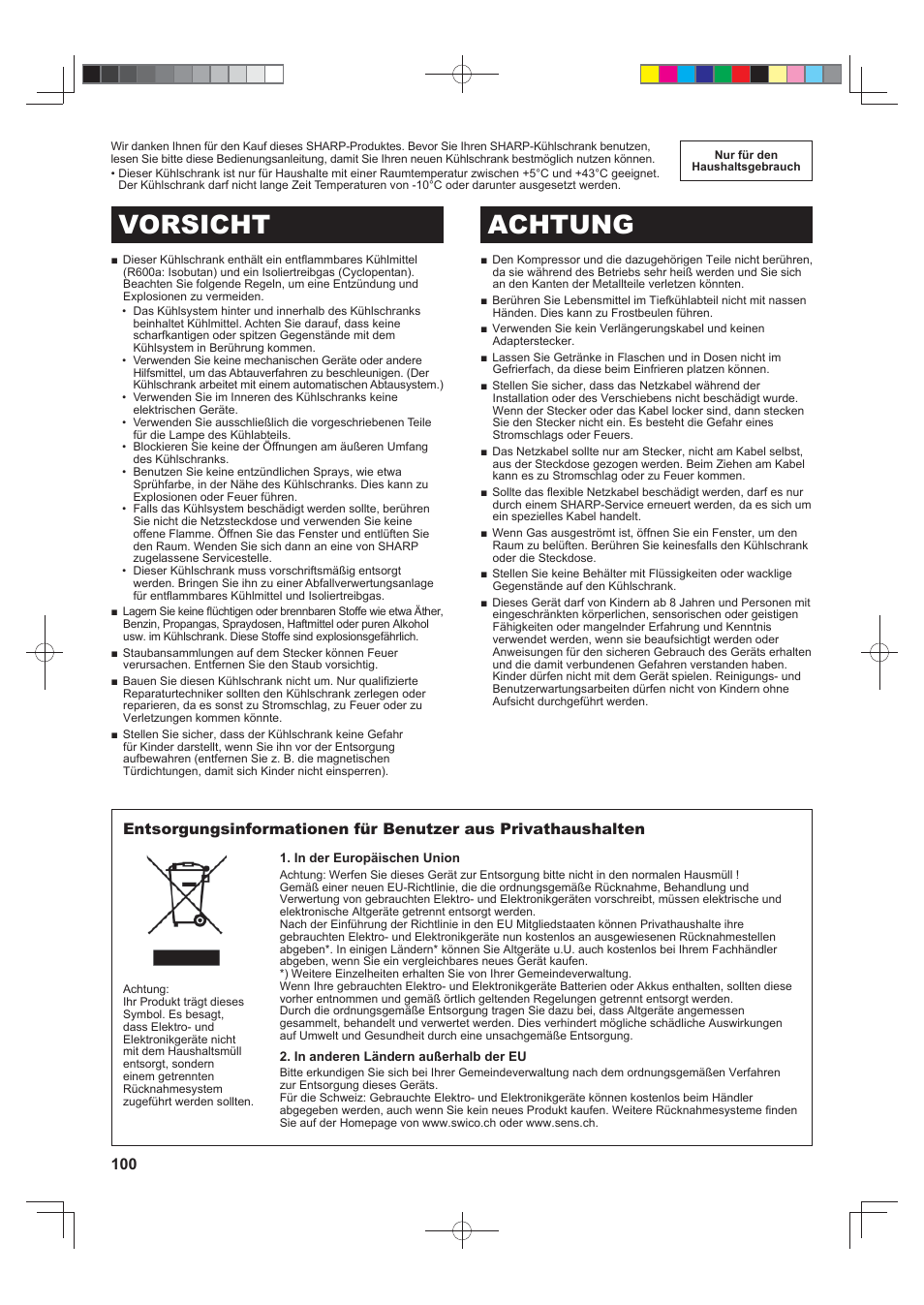 Vorsicht achtung | Sharp SJ-FS820VSL User Manual | Page 100 / 308
