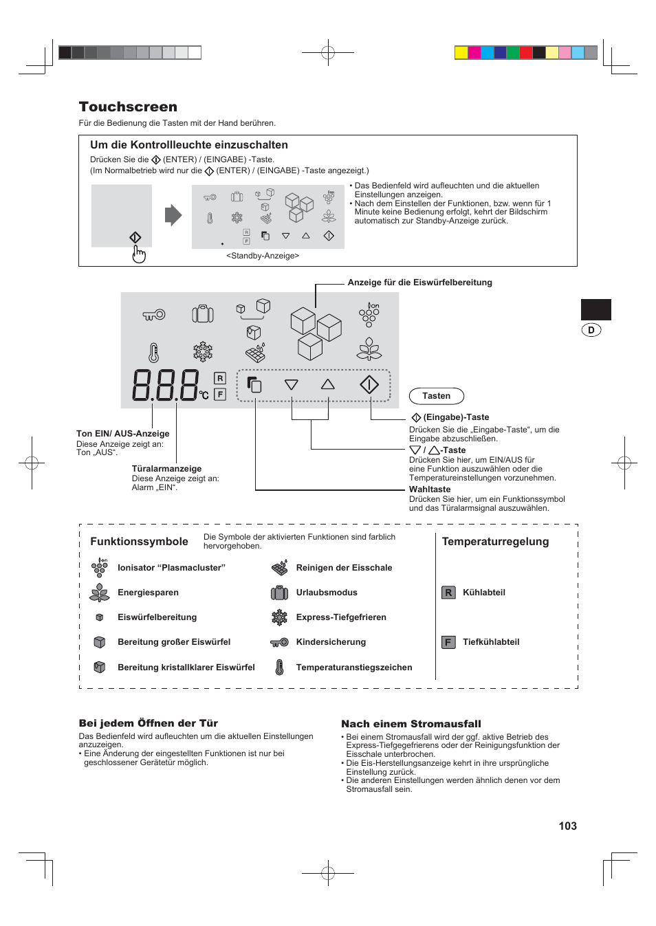 Touchscreen, Um die kontrollleuchte einzuschalten, Funktionssymbole | Temperaturregelung | Sharp SJ-FS820VSL User Manual | Page 103 / 308