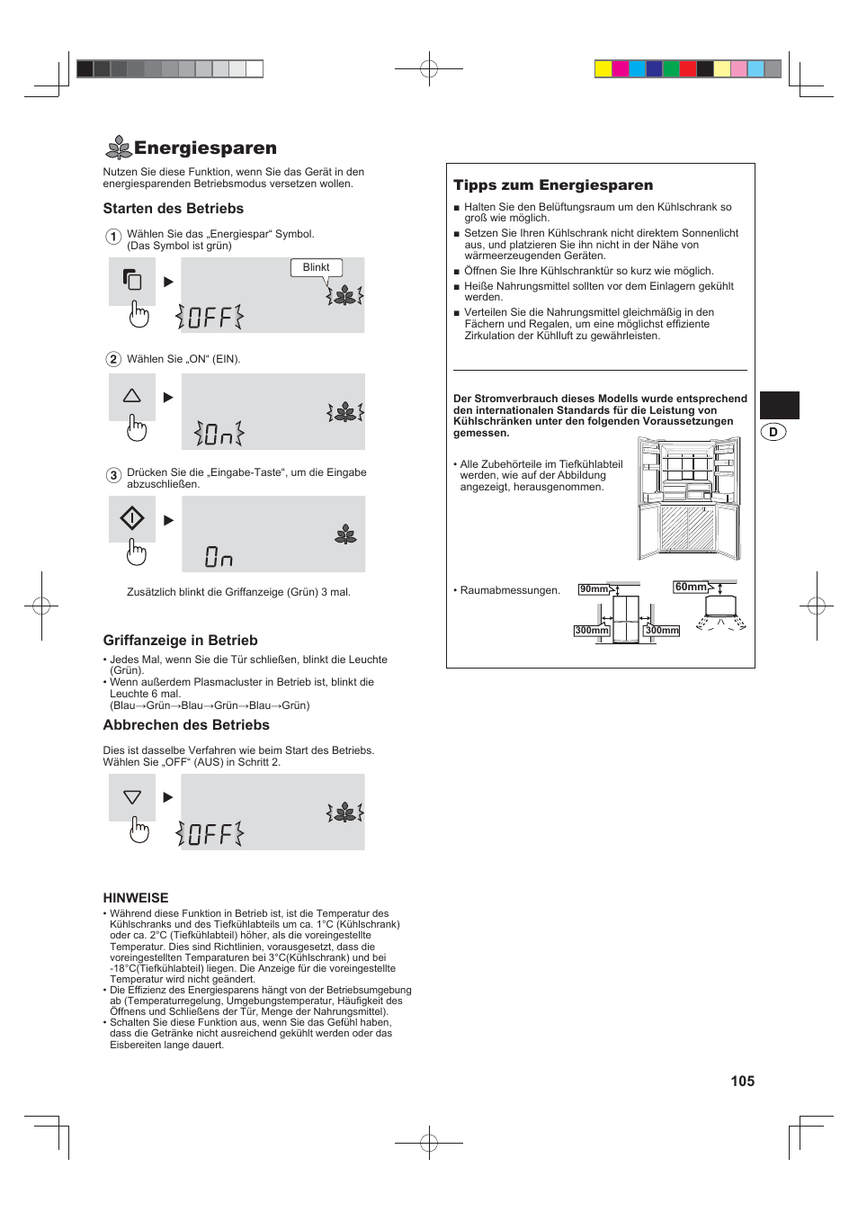 Energiesparen, Starten des betriebs, Griffanzeige in betrieb | Abbrechen des betriebs, Tipps zum energiesparen | Sharp SJ-FS820VSL User Manual | Page 105 / 308