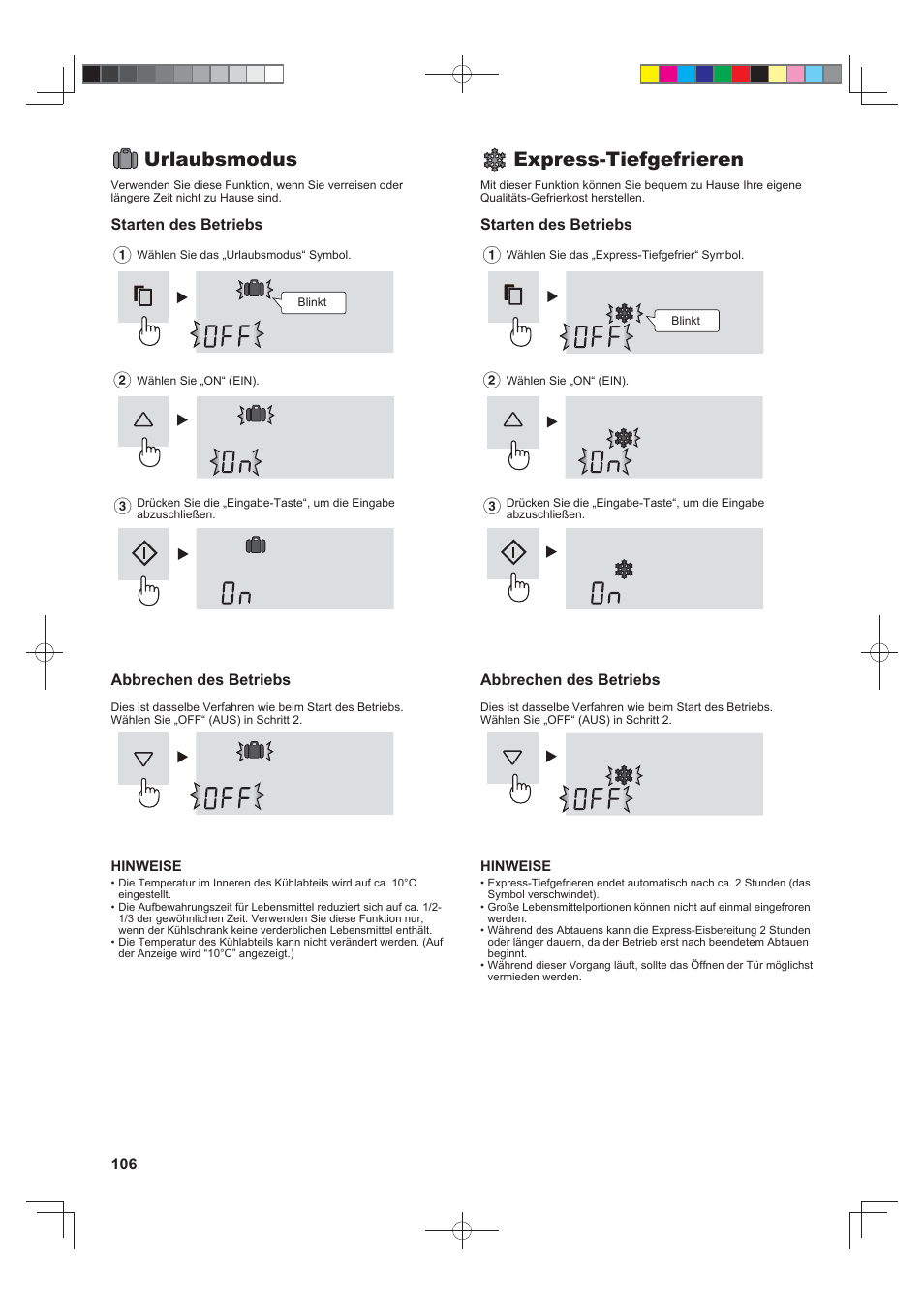 Urlaubsmodus, Express-tiefgefrieren | Sharp SJ-FS820VSL User Manual | Page 106 / 308