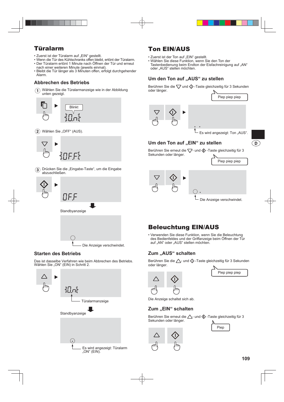 Türalarm, Ton ein/aus, Beleuchtung ein/aus | Sharp SJ-FS820VSL User Manual | Page 109 / 308