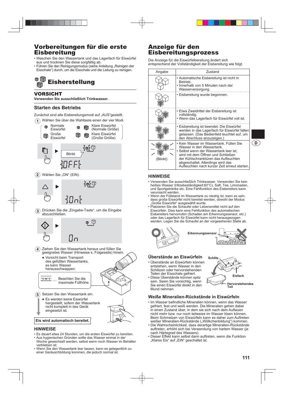 Anzeige für den eisbereitungsprozess, Vorbereitungen für die erste eisbereitung, Eisherstellung | Vorsicht, Starten des betriebs | Sharp SJ-FS820VSL User Manual | Page 111 / 308