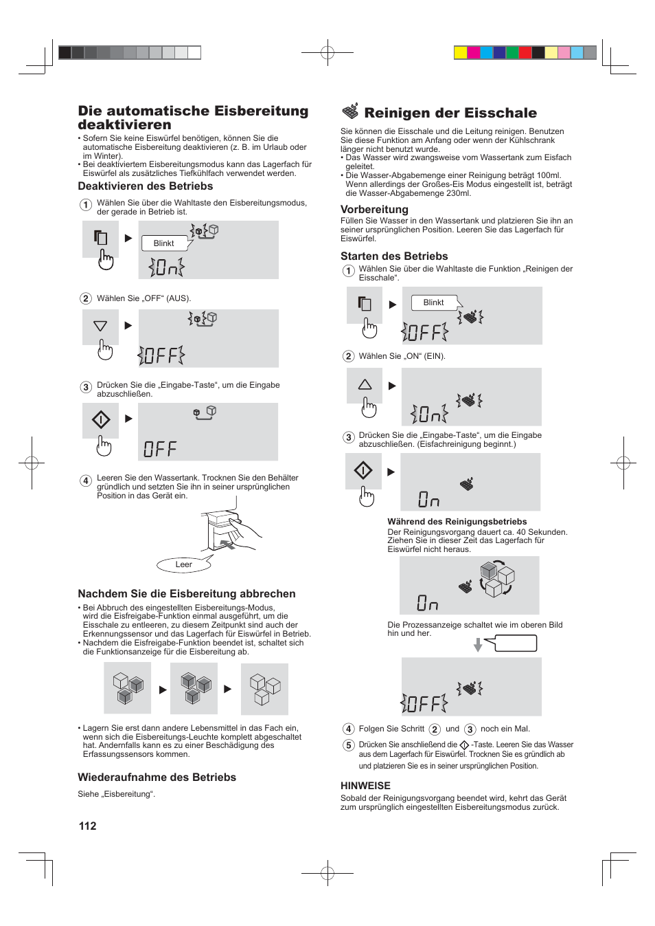 Die automatische eisbereitung deaktivieren, Reinigen der eisschale | Sharp SJ-FS820VSL User Manual | Page 112 / 308