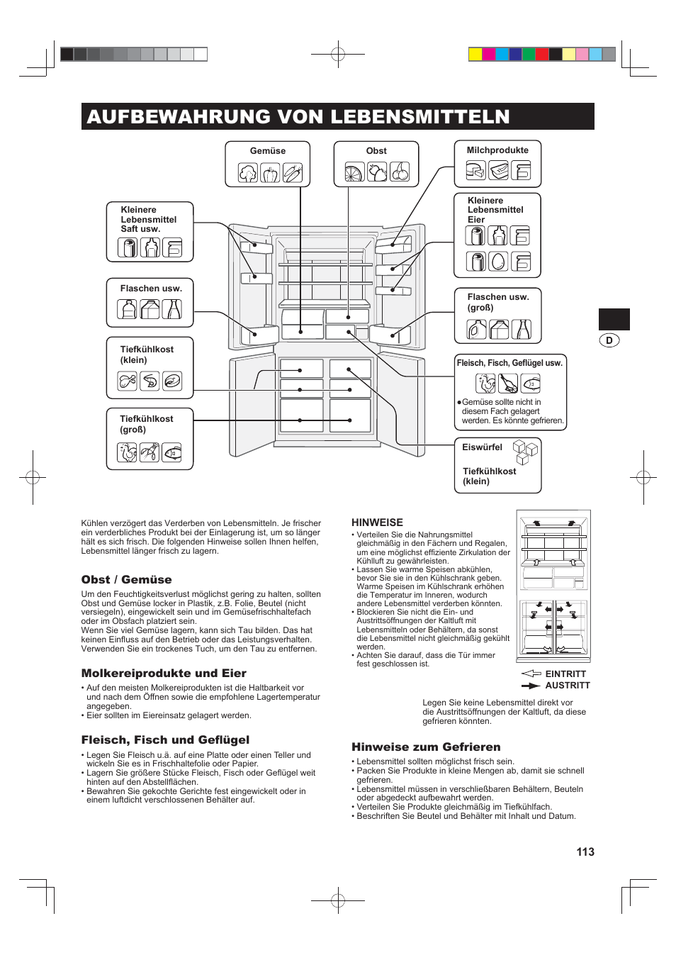 Aufbewahrung von lebensmitteln, Obst / gemüse, Molkereiprodukte und eier | Fleisch, fisch und gefl ügel, Hinweise zum gefrieren | Sharp SJ-FS820VSL User Manual | Page 113 / 308