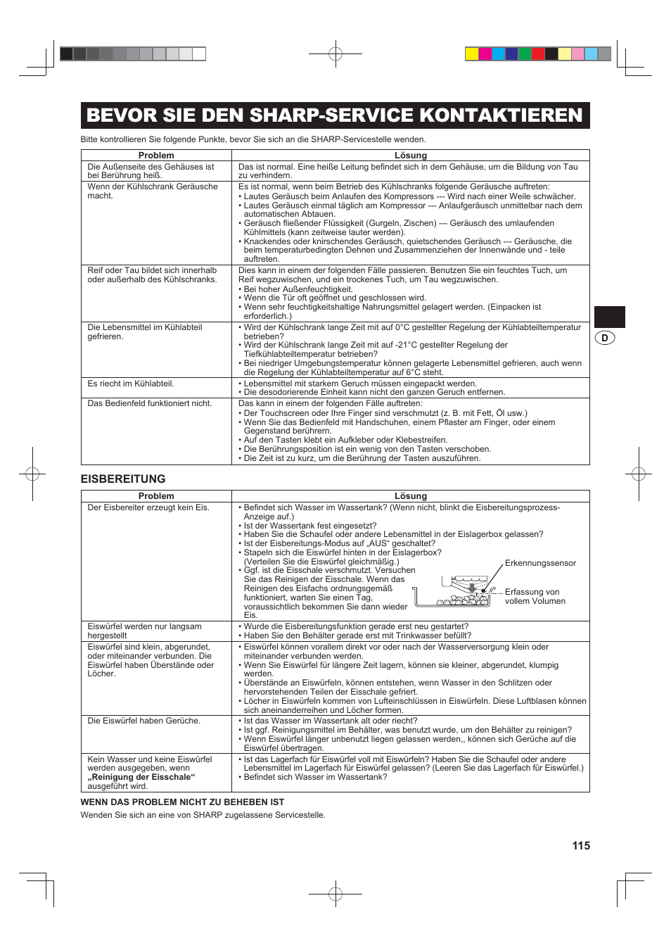 Bevor sie den sharp-service kontaktieren, Eisbereitung | Sharp SJ-FS820VSL User Manual | Page 115 / 308
