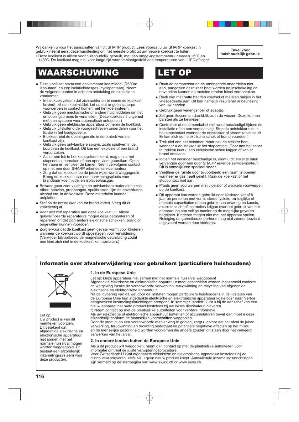 Waarschuwing let op | Sharp SJ-FS820VSL User Manual | Page 116 / 308