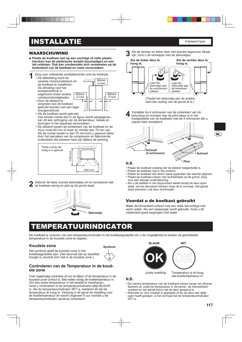 Installatie, Temperatuurindicator, 117 waarschuwing | Voordat u de koelkast gebruikt, Koudste zone | Sharp SJ-FS820VSL User Manual | Page 117 / 308