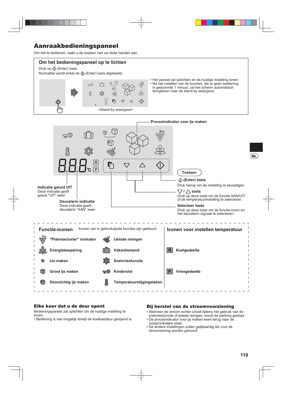 Aanraakbedieningspaneel, Om het bedieningspaneel op te lichten, Functie-iconen | Iconen voor instellen temperatuur | Sharp SJ-FS820VSL User Manual | Page 119 / 308