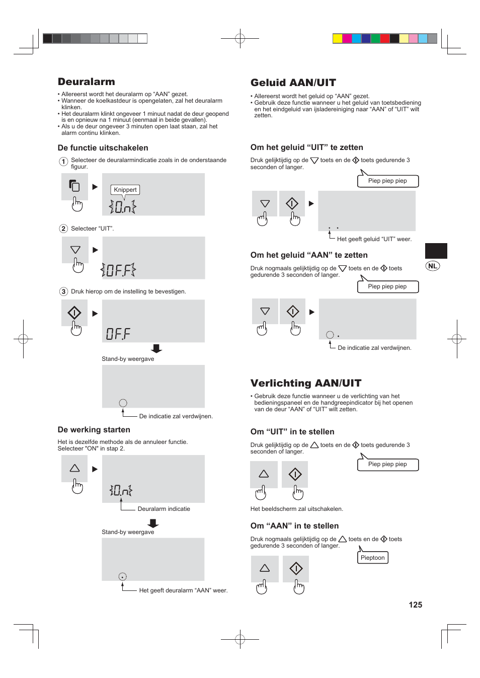 Deuralarm, Geluid aan/uit, Verlichting aan/uit | Sharp SJ-FS820VSL User Manual | Page 125 / 308