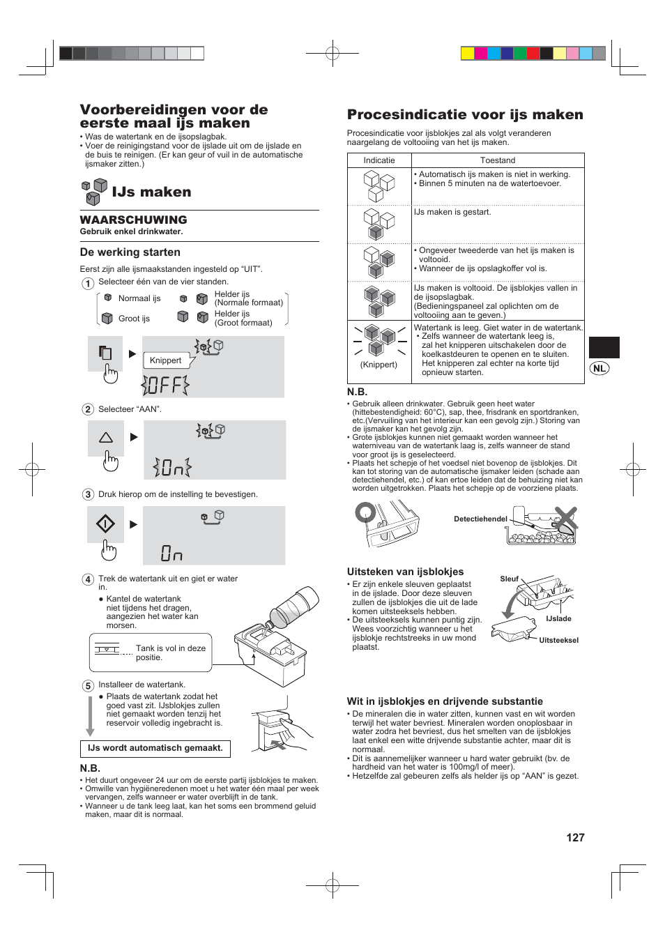 Voorbereidingen voor de eerste maal ijs maken, Ijs maken, Procesindicatie voor ijs maken | Waarschuwing, De werking starten | Sharp SJ-FS820VSL User Manual | Page 127 / 308