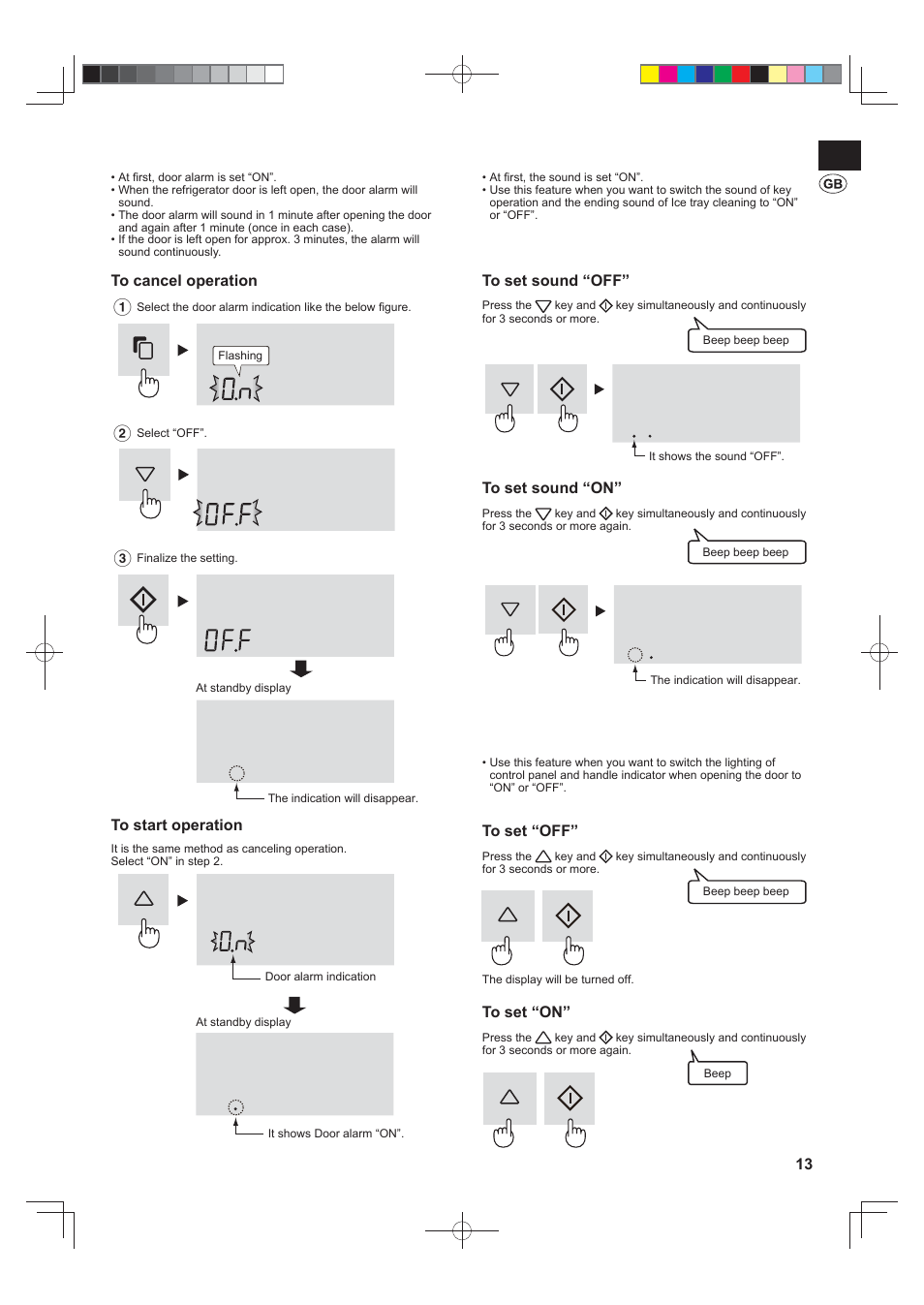 Door alarm, Sound on/off, Lighting on/off | Sharp SJ-FS820VSL User Manual | Page 13 / 308