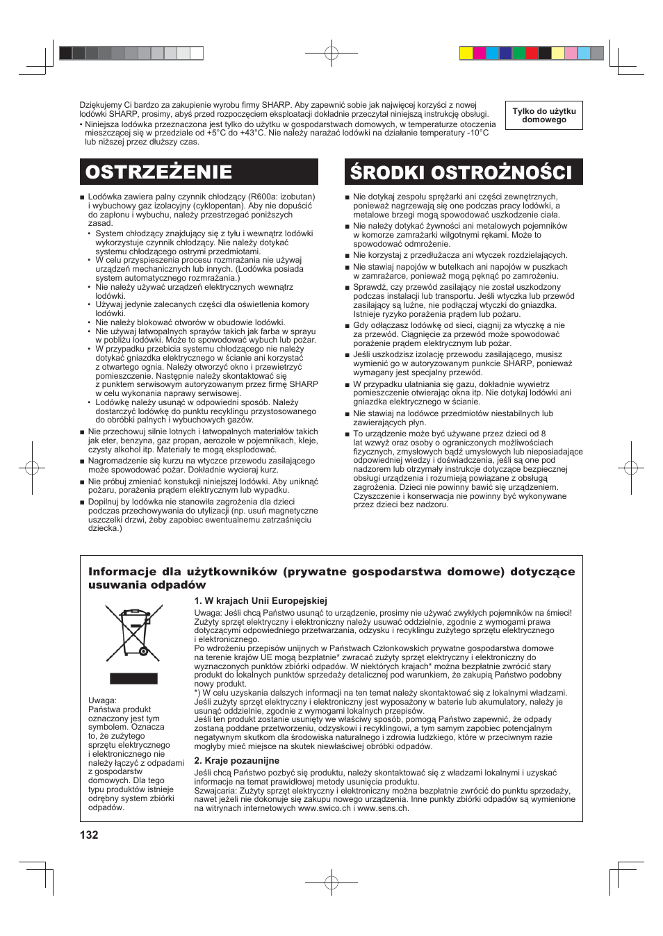 Ostrzeżenie środki ostrożności | Sharp SJ-FS820VSL User Manual | Page 132 / 308