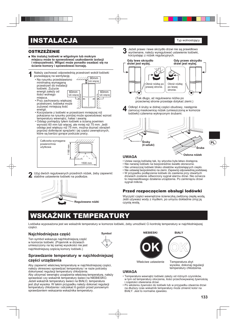 Instalacja, Wskaźnik temperatury, 133 ostrzeżenie | Przed rozpoczęciem obsługi lodówki, Najchłodniejsza część | Sharp SJ-FS820VSL User Manual | Page 133 / 308