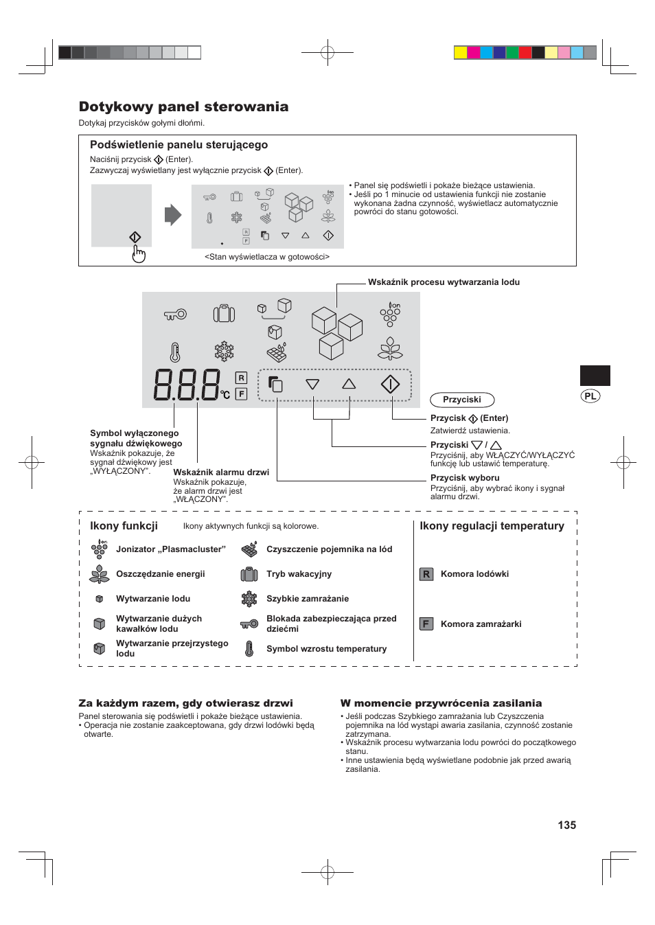 Dotykowy panel sterowania, Podświetlenie panelu sterującego, Ikony funkcji | Ikony regulacji temperatury | Sharp SJ-FS820VSL User Manual | Page 135 / 308