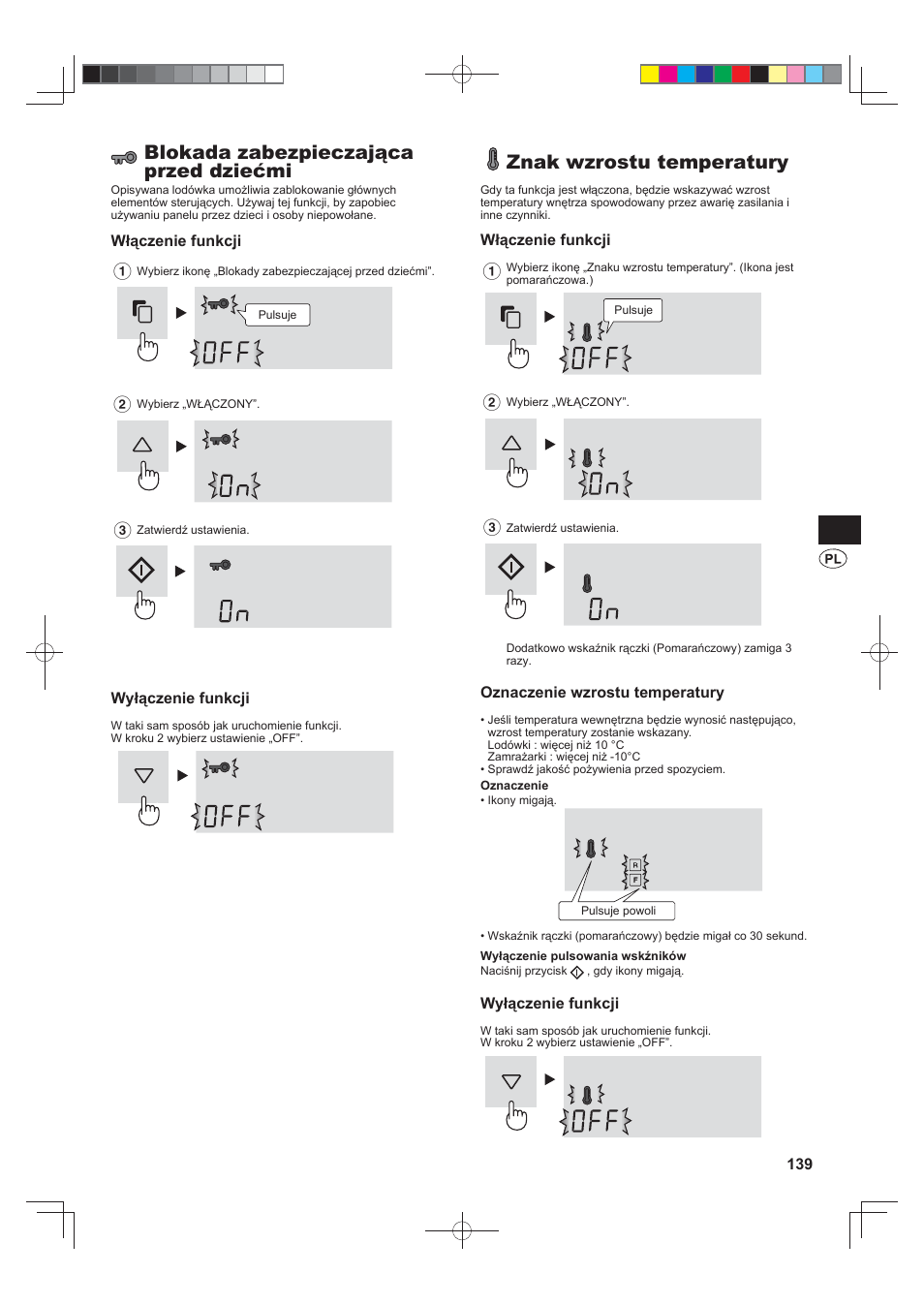 Blokada zabezpieczająca przed dziećmi, Znak wzrostu temperatury | Sharp SJ-FS820VSL User Manual | Page 139 / 308