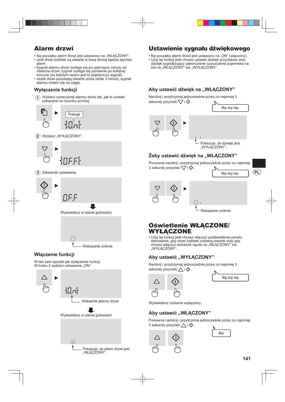 Alarm drzwi, Ustawienie sygnału dźwiękowego, Oświetlenie włączone/ wyłączone | Sharp SJ-FS820VSL User Manual | Page 141 / 308