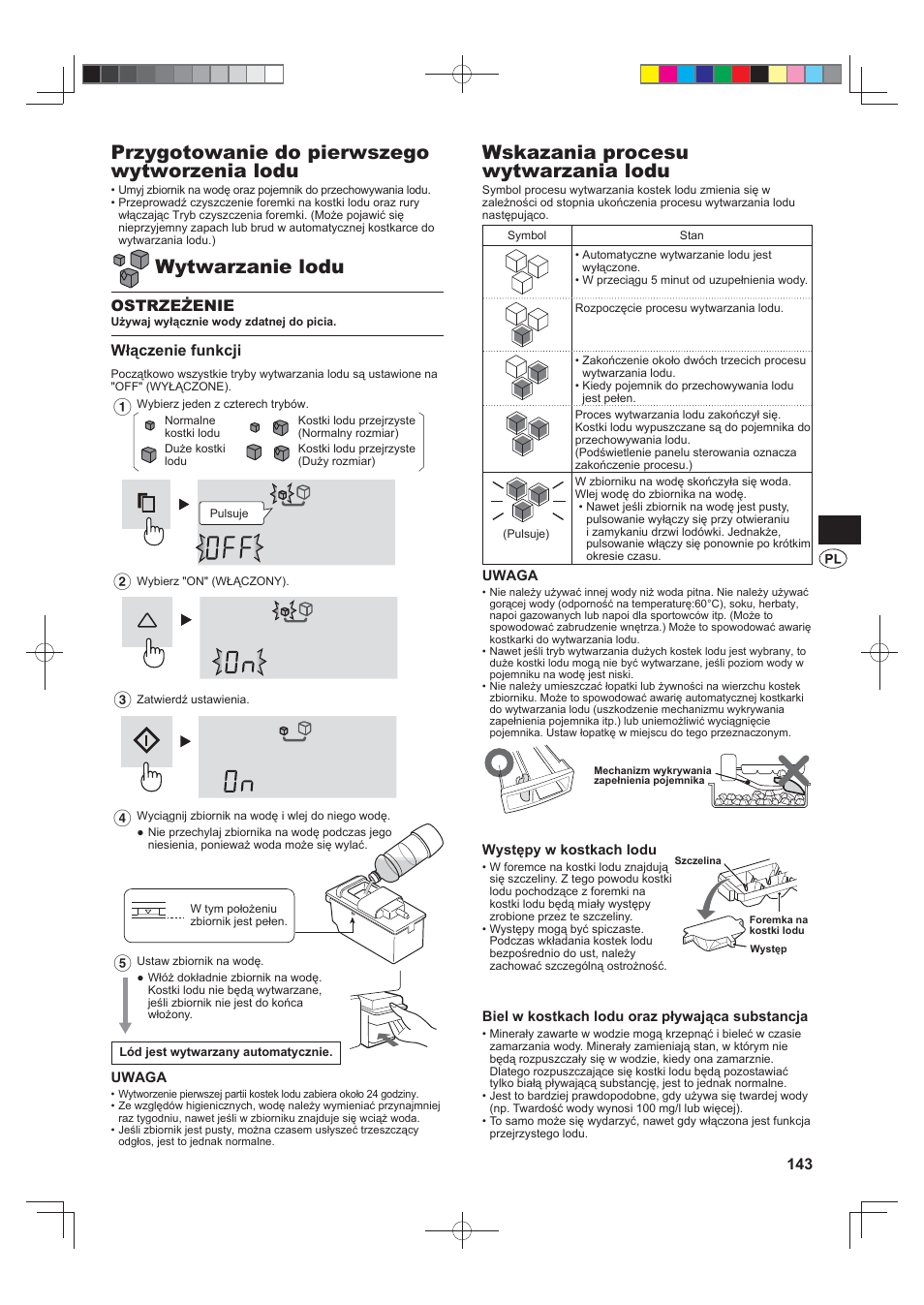 Przygotowanie do pierwszego wytworzenia lodu, Wytwarzanie lodu, Wskazania procesu wytwarzania lodu | Ostrzeżenie, Włączenie funkcji | Sharp SJ-FS820VSL User Manual | Page 143 / 308
