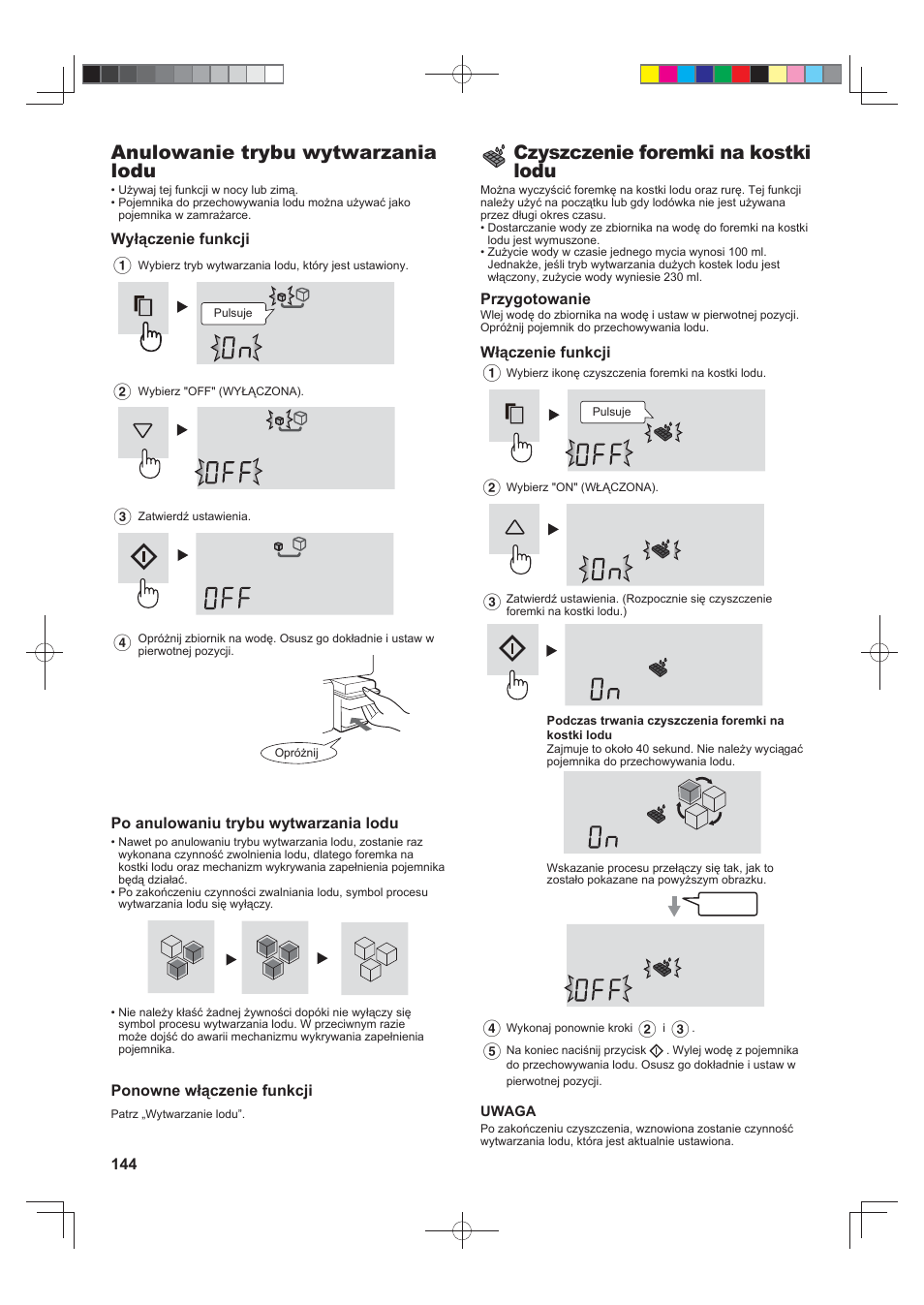 Anulowanie trybu wytwarzania lodu, Czyszczenie foremki na kostki lodu | Sharp SJ-FS820VSL User Manual | Page 144 / 308
