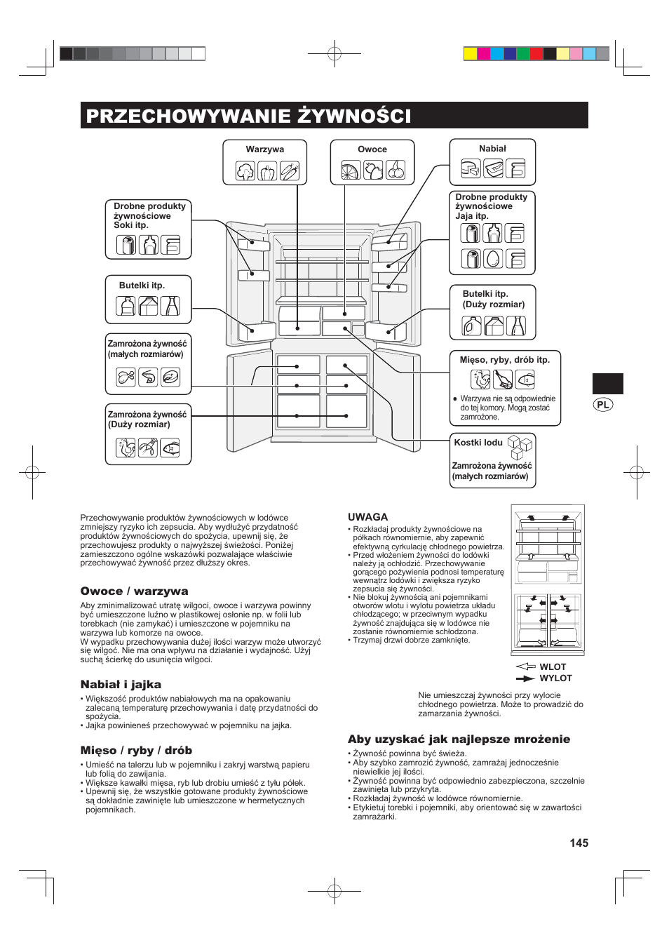 Przechowywanie żywności, Owoce / warzywa, Nabiał i jajka | Mięso / ryby / drób, Aby uzyskać jak najlepsze mrożenie | Sharp SJ-FS820VSL User Manual | Page 145 / 308