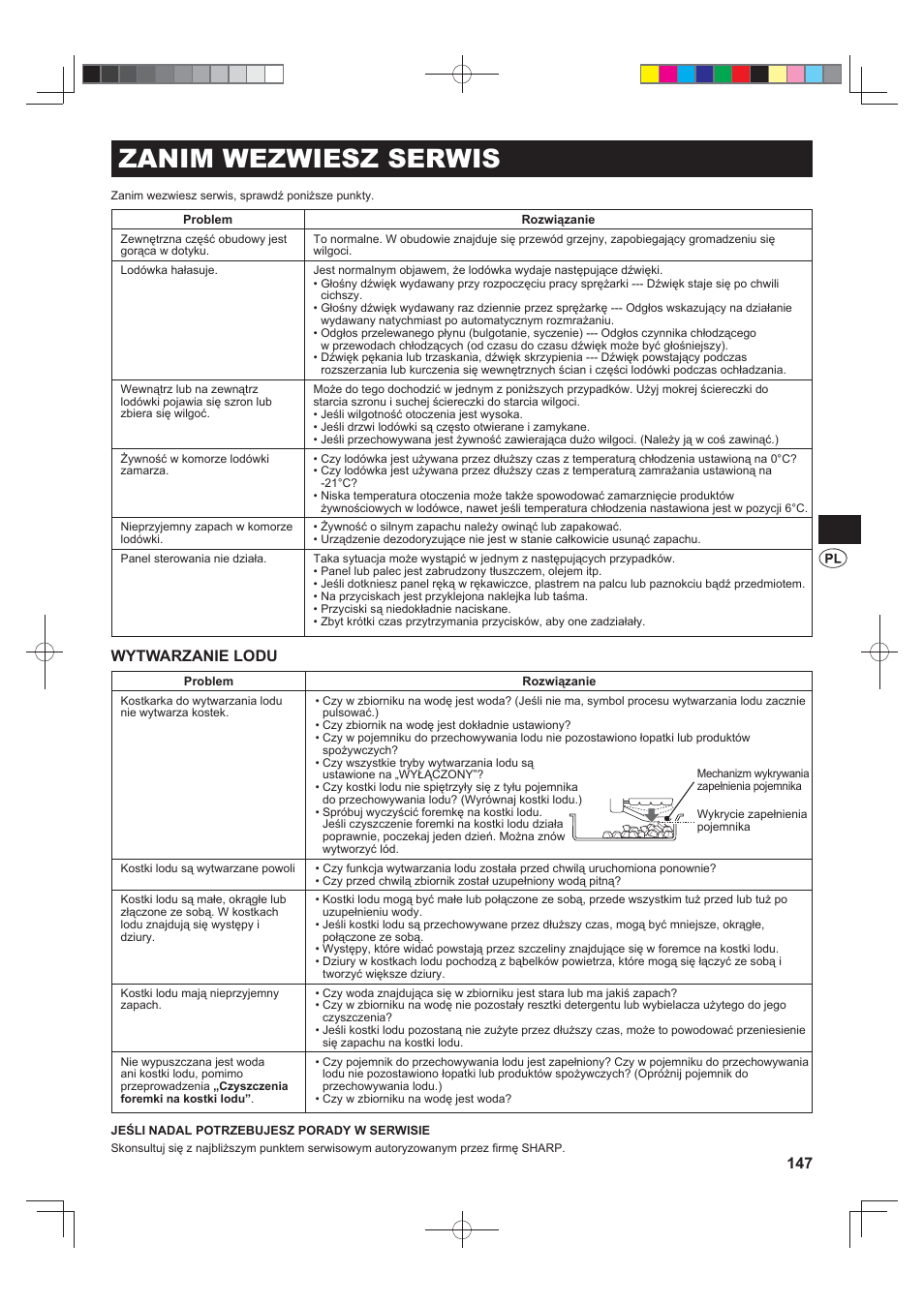 Zanim wezwiesz serwis, Wytwarzanie lodu | Sharp SJ-FS820VSL User Manual | Page 147 / 308