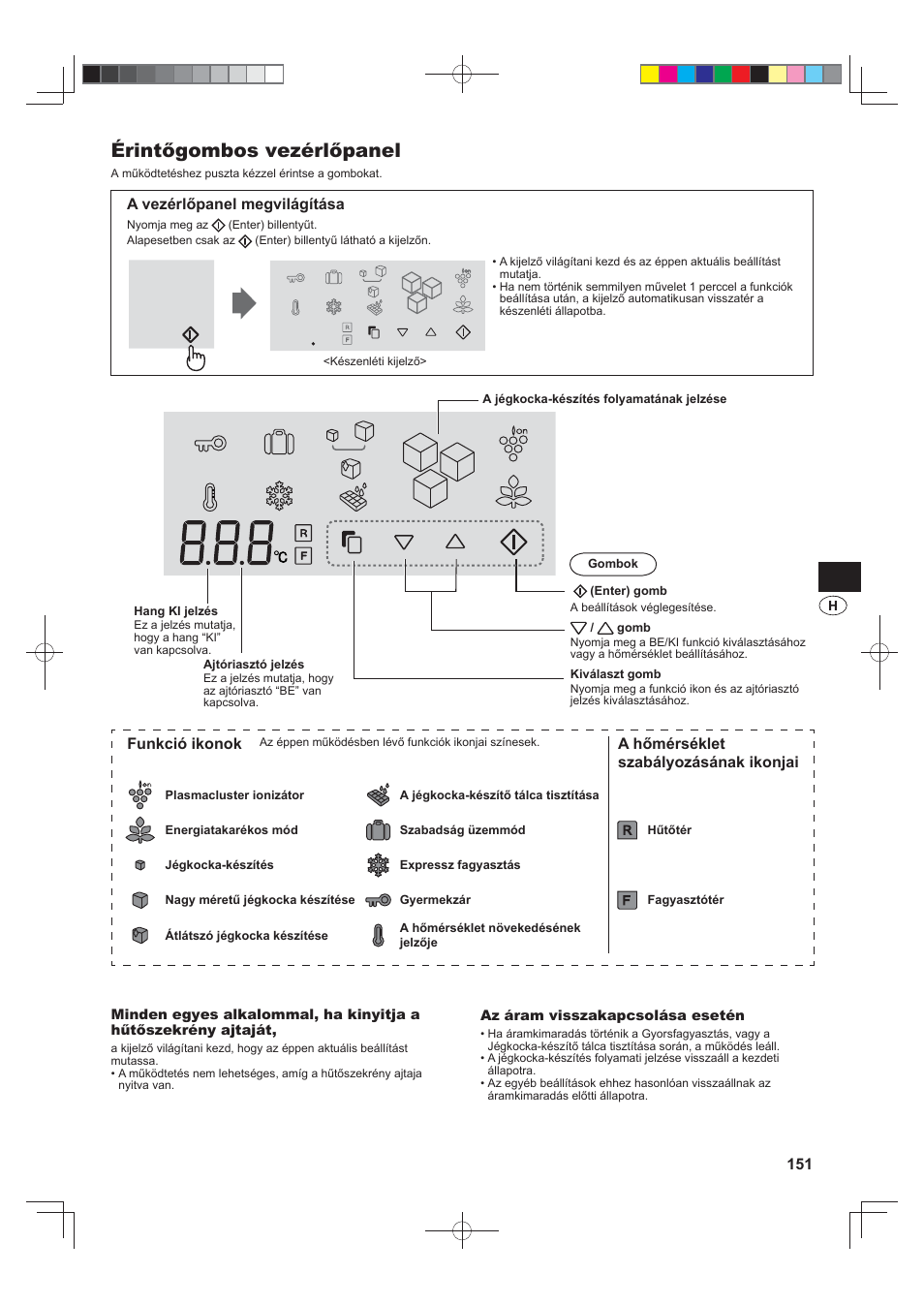 Érintőgombos vezérlőpanel, A vezérlőpanel megvilágítása, Funkció ikonok | A hőmérséklet szabályozásának ikonjai | Sharp SJ-FS820VSL User Manual | Page 151 / 308