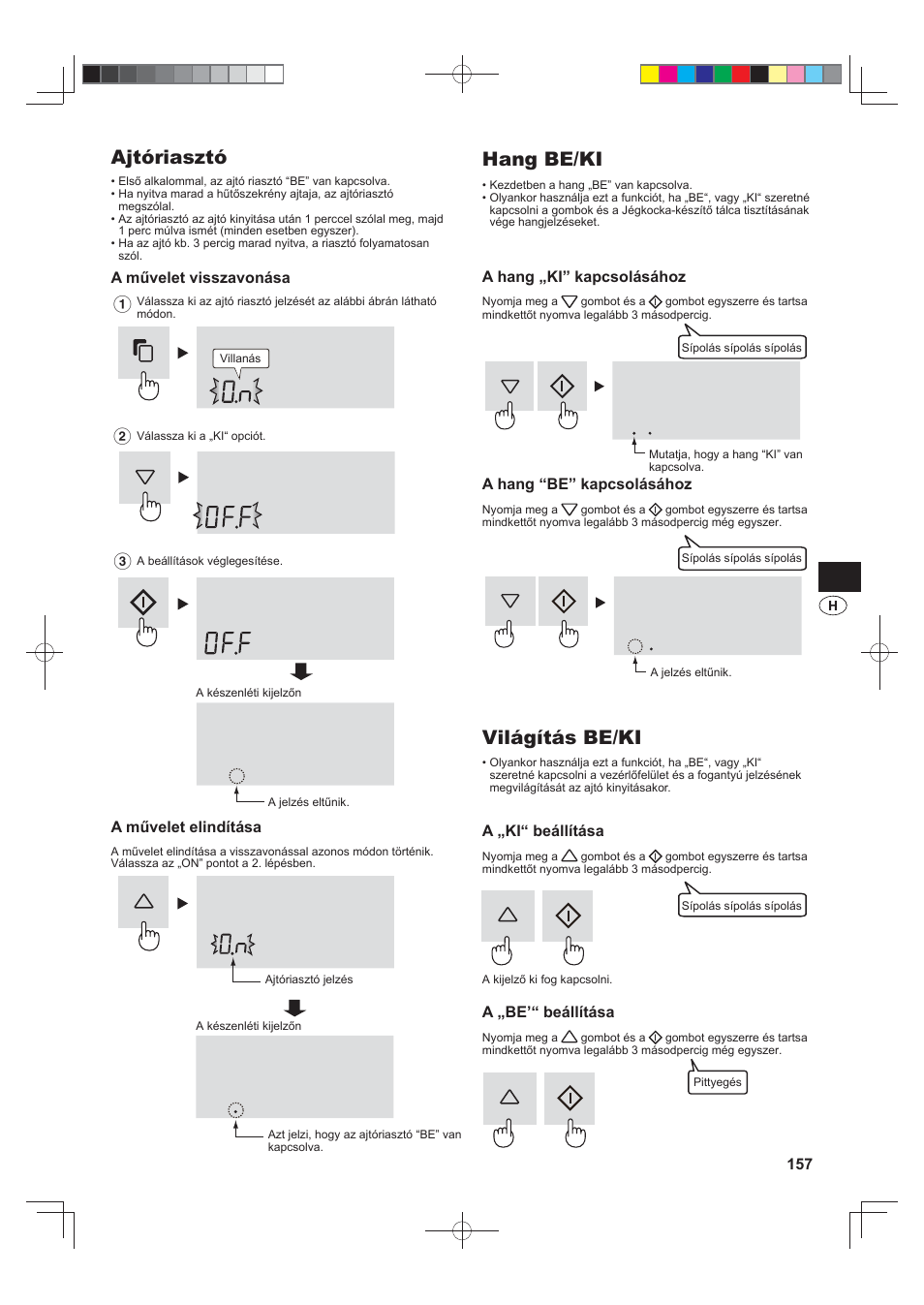 Ajtóriasztó, Hang be/ki, Világítás be/ki | Sharp SJ-FS820VSL User Manual | Page 157 / 308