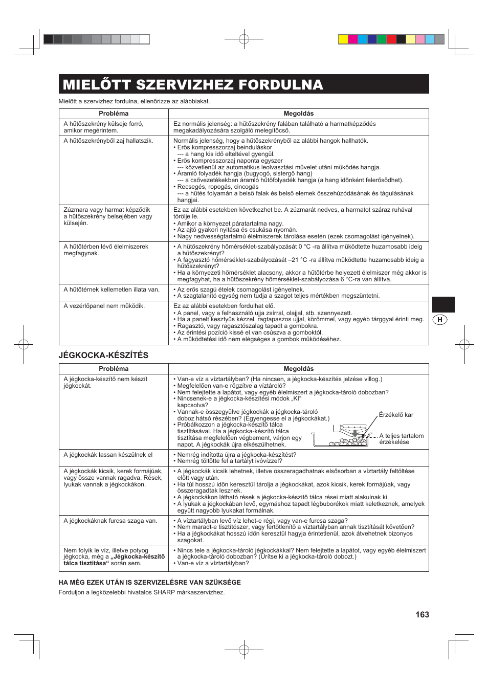 Mielőtt szervizhez fordulna, Jégkocka-készítés | Sharp SJ-FS820VSL User Manual | Page 163 / 308