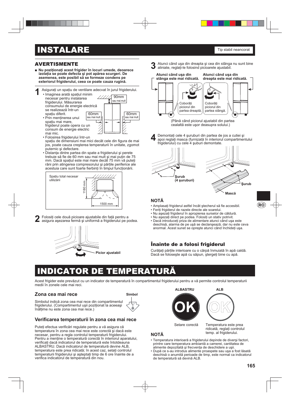 Instalare, Indicator de temperatură, 165 avertismente | Înainte de a folosi frigiderul, Zona cea mai rece, Verifi carea temperaturii în zona cea mai rece | Sharp SJ-FS820VSL User Manual | Page 165 / 308