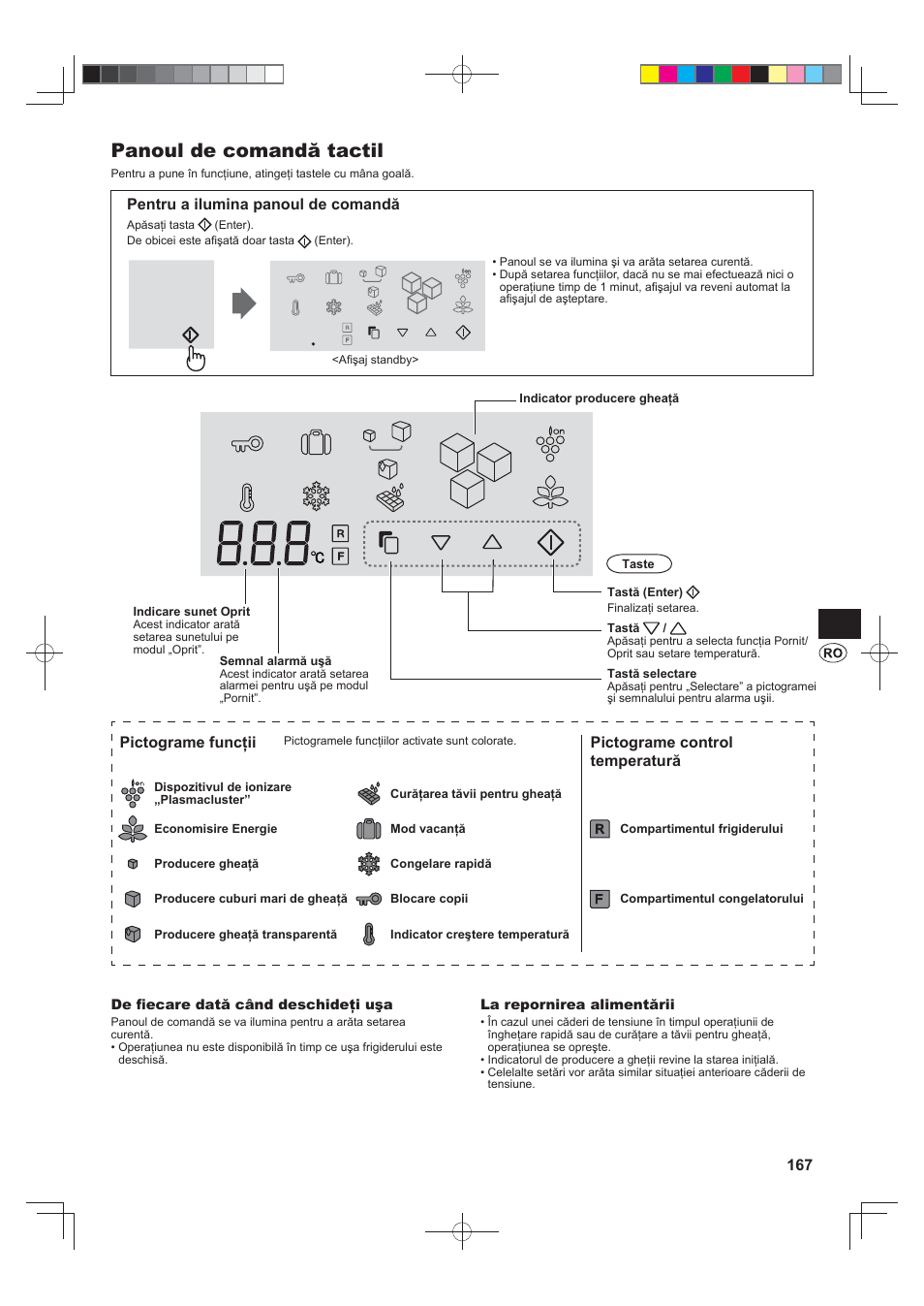 Panoul de comandă tactil, Pentru a ilumina panoul de comandă, Pictograme funcţii | Pictograme control temperatură | Sharp SJ-FS820VSL User Manual | Page 167 / 308