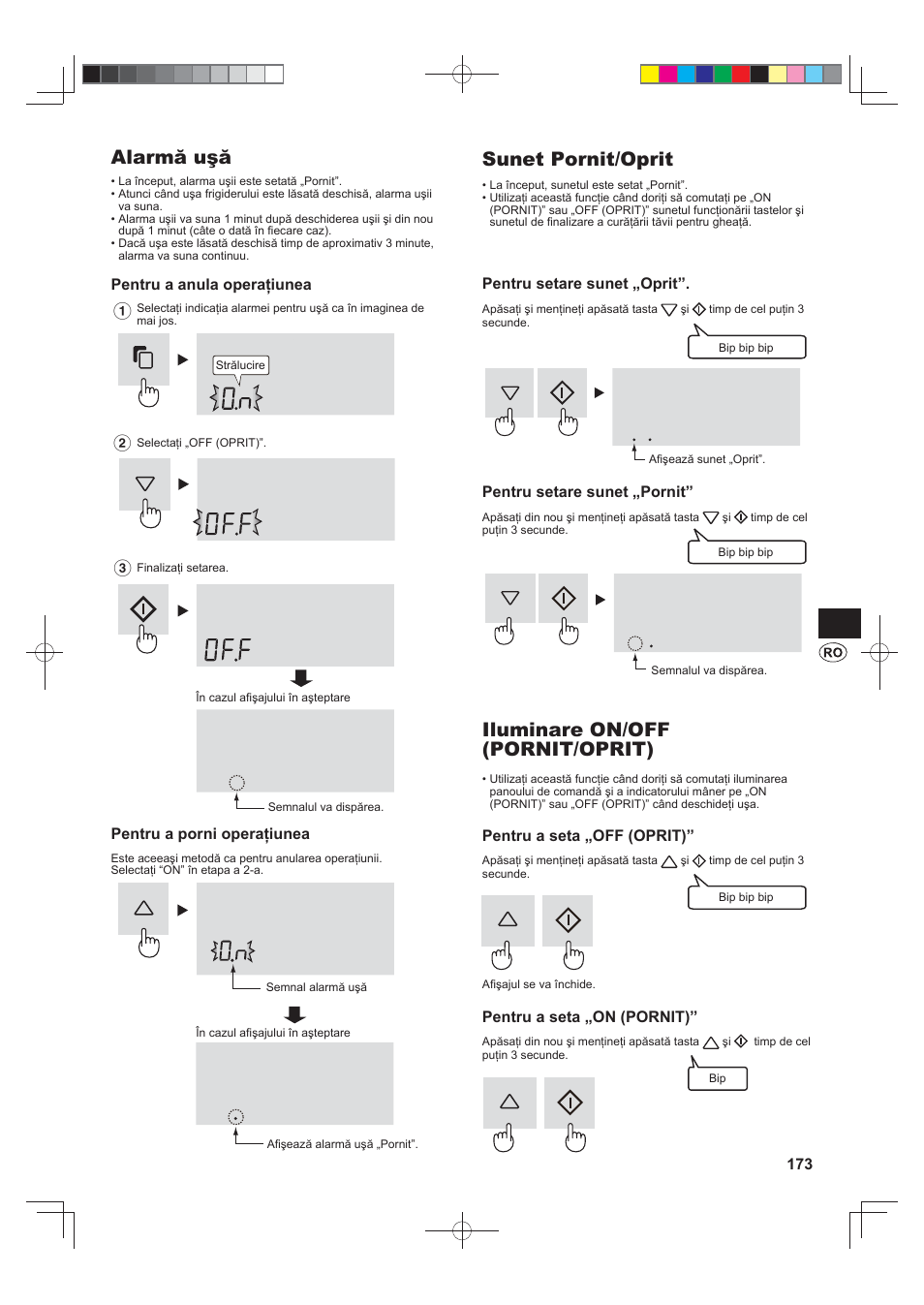 Alarmă uşă, Sunet pornit/oprit, Iluminare on/off (pornit/oprit) | Sharp SJ-FS820VSL User Manual | Page 173 / 308