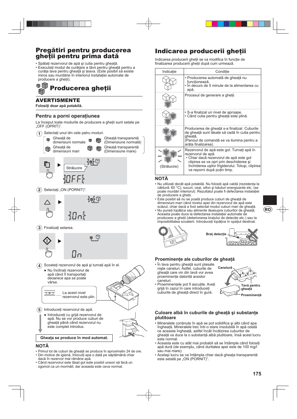 Producerea gheţii, Indicarea producerii gheţii, Avertismente | Pentru a porni operaţiunea | Sharp SJ-FS820VSL User Manual | Page 175 / 308