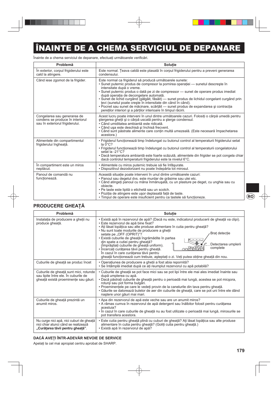 Înainte de a chema serviciul de depanare, Producere gheaţă | Sharp SJ-FS820VSL User Manual | Page 179 / 308